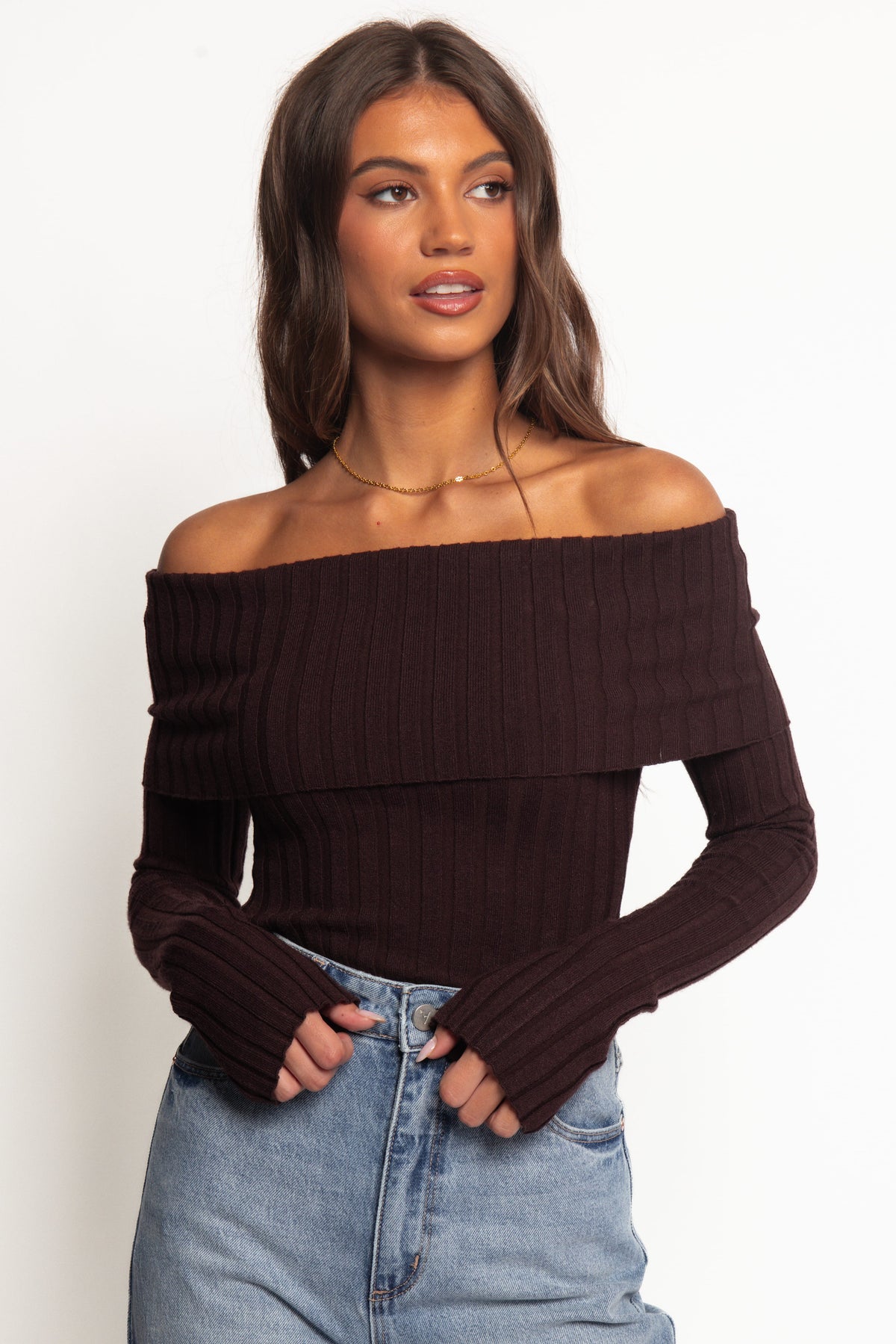 Inora Off Shoulder Knit Top - Chocolate