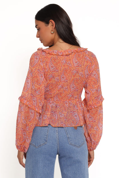Isolt Tie Front Top - Orange Paisley
