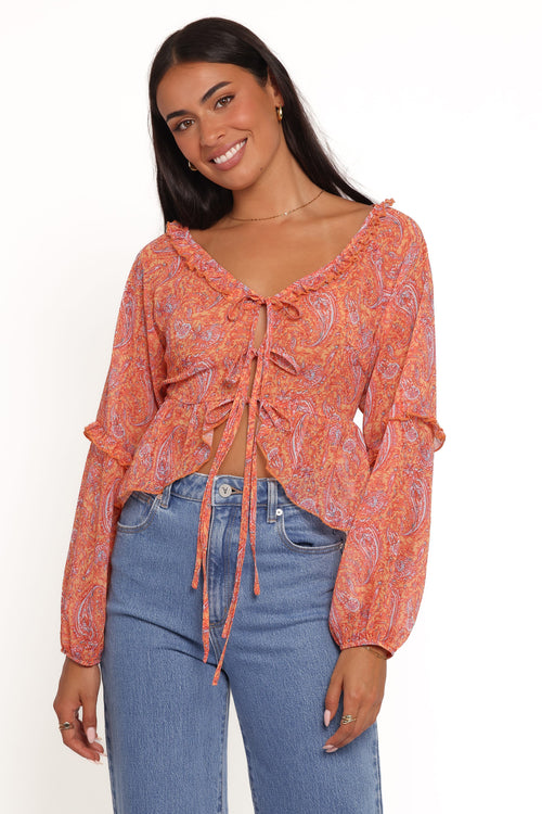 Isolt Tie Front Top - Orange Paisley