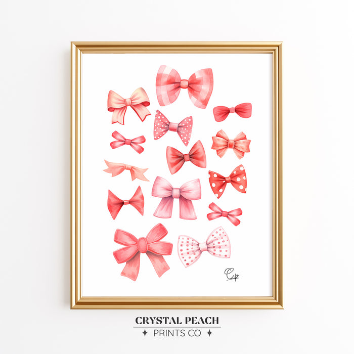 Pink and Red Bows Digital Print [Coquette Room wall Art] - Valentine's Day - Girl's Bedroom Watercolor Print