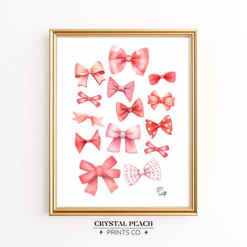 Pink and Red Bows Digital Print [Coquette Room wall Art] - Valentine's Day - Girl's Bedroom Watercolor Print