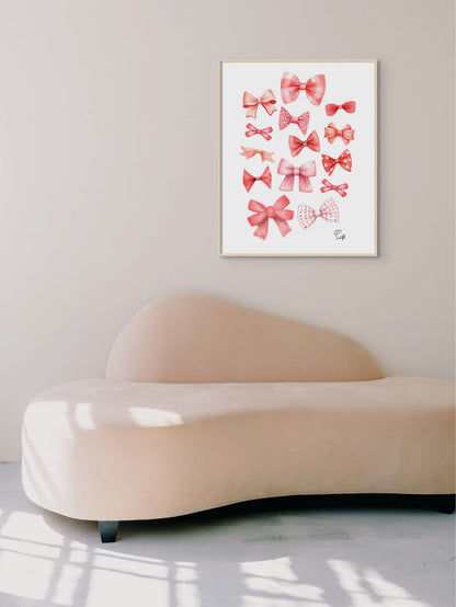 Pink and Red Bows Digital Print [Coquette Room wall Art] - Valentine's Day - Girl's Bedroom Watercolor Print