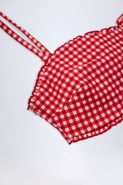 Ruffled Bandeau Bikini Top in Red Gingham