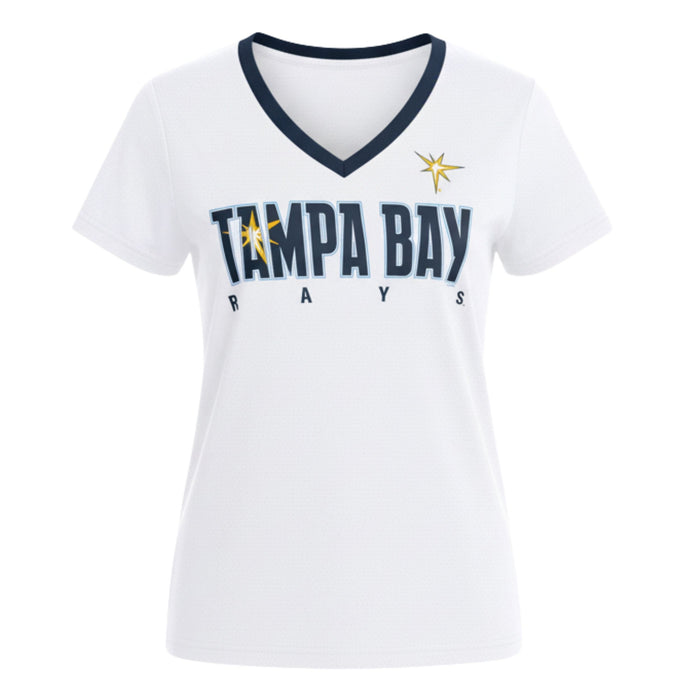 Rays Women's GIII White Tampa Bay Burst V Neck Tee