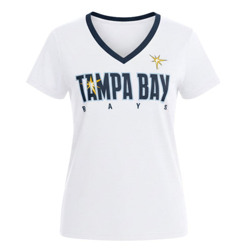 Rays Women's GIII White Tampa Bay Burst V Neck Tee