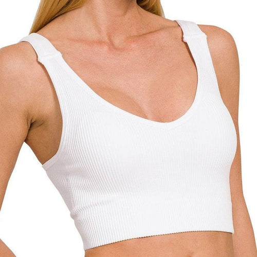 RIBBED CROPPED BRA PADDED V - NECK TANK TOP - 260 Broadway Boutique
