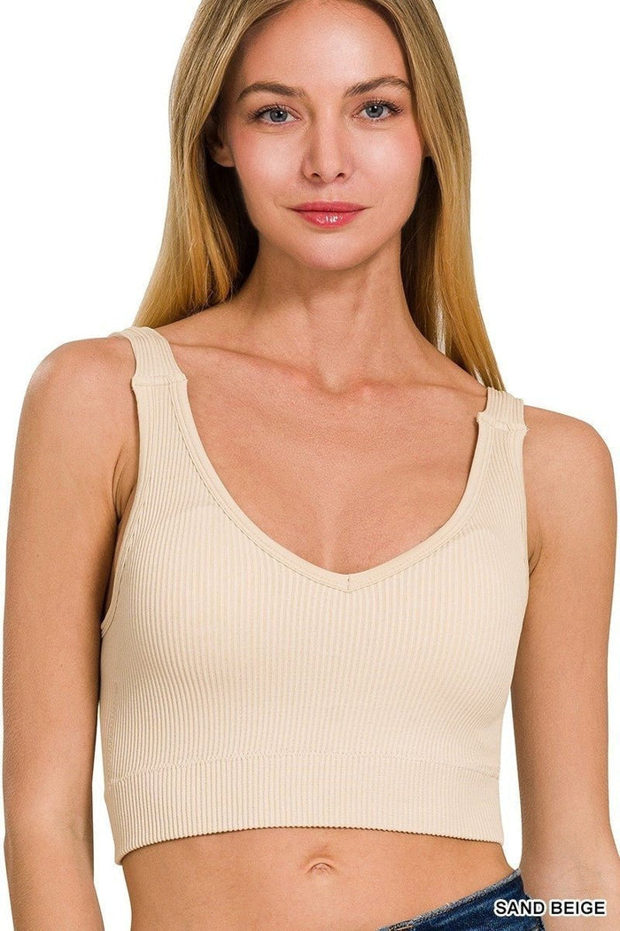 RIBBED CROPPED BRA PADDED V - NECK TANK TOP - 260 Broadway Boutique