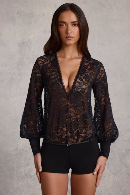 Sheer Lace Plunge-Neck Loose-Fit Playsuit in Black