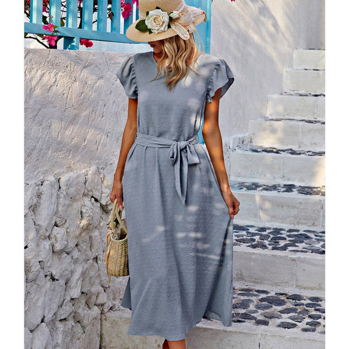 Solid Swiss Dot Ruffle Sleeve Pockets Belt Dress (2 Colors) - 260 Broadway Boutique