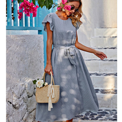 Solid Swiss Dot Ruffle Sleeve Pockets Belt Dress (2 Colors) - 260 Broadway Boutique