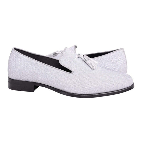 Stacy Adams Swank Tassel Textured Silver Sparkle Slip-on Dress Shoes - The Suit Depot