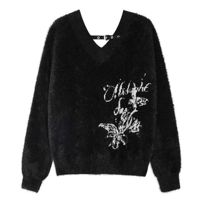 Street Style Black V-Neck Jacquard Loose Sweater