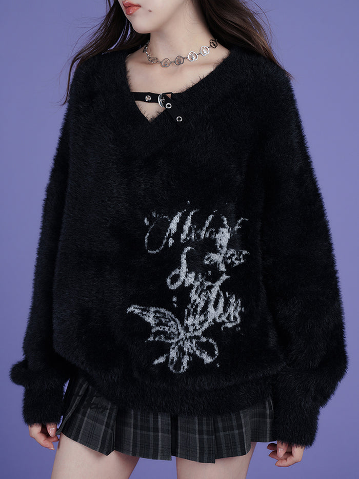Street Style Black V-Neck Jacquard Loose Sweater