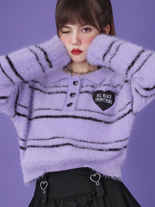 Striped Knit Polo Purple Casual Sweater