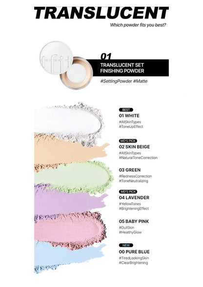 TFIT Translucent Set Finishing Powder texture swatches and shade benefits, including the five available shades