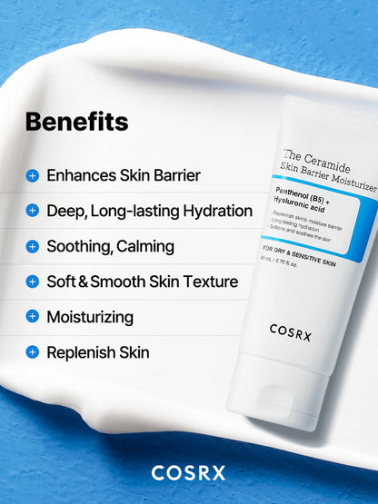 COSRX The Ceramide Skin Barrier Moisturizer displayed with benefits list including enhanced skin barrier, deep hydration, calming and smoothing effects; enriched with Ceramides, Cholesterol, Fatty Acids, Panthenol (B5), and 5 types of Hyaluronic Acid for soft, moisturized texture that supports anti-aging and makeup-ready skin.