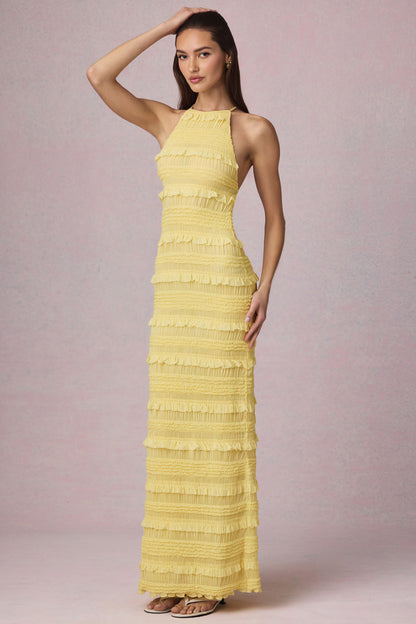 Ruffled Backless Halterneck Maxi Dress in Lemon Yellow