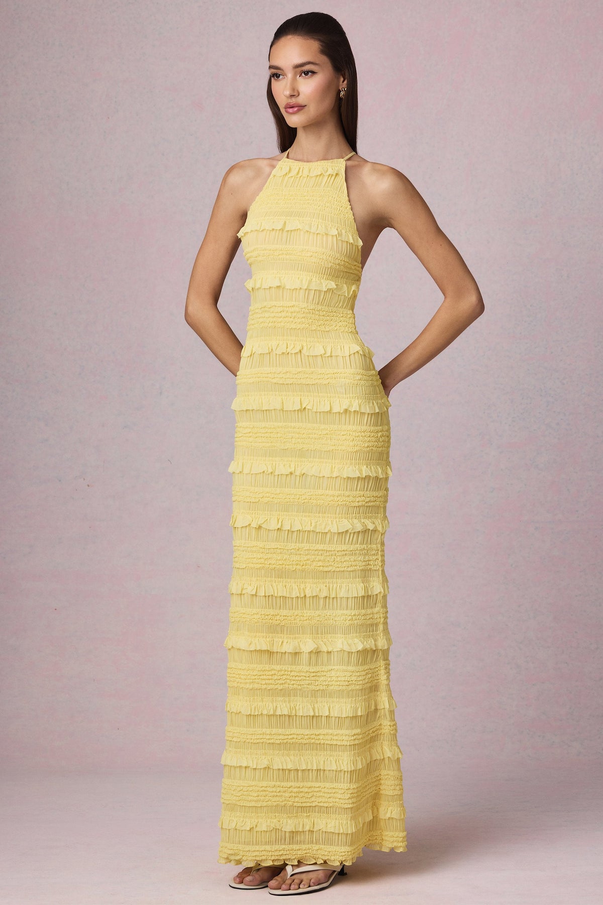 Ruffled Backless Halterneck Maxi Dress in Lemon Yellow