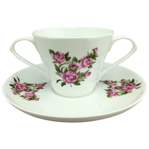 Image of Two Handled Cup and Saucer Bone China on a plain background.