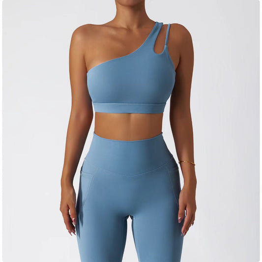 Two Piece One-Shoulder Bra Gym Set Fitness Sports Scrunch Butt Lift Pants