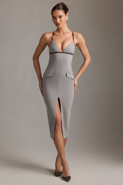 Plunge-Neck Backless Midaxi Dress in Grey