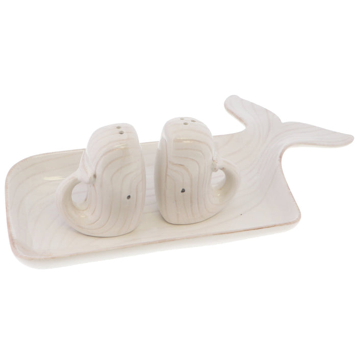 White Standing Up Whale Salt and Pepper Shaker and White Whale Ceramic Tray