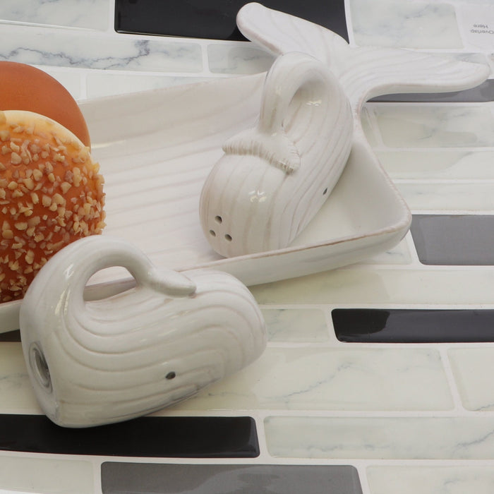 White Standing Up Whale Salt and Pepper Shaker and White Whale Ceramic Tray