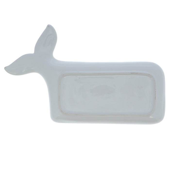 White Standing Up Whale Salt and Pepper Shaker and White Whale Ceramic Tray