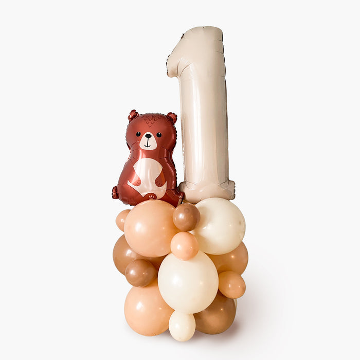 Woodland Bear and Beige Number 1 Balloon Tower - Woodland Animal 1st Birthday Party Balloon Decoration for Kids