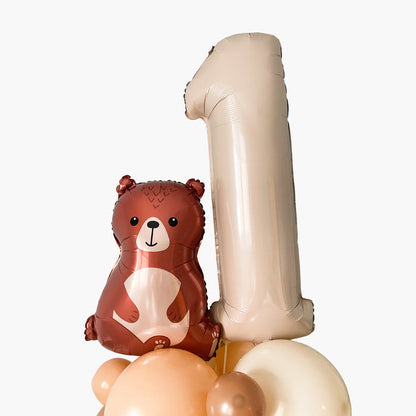 Woodland Bear and Beige Number 1 Balloon Tower - Woodland Animal 1st Birthday Party Balloon Decoration for Kids