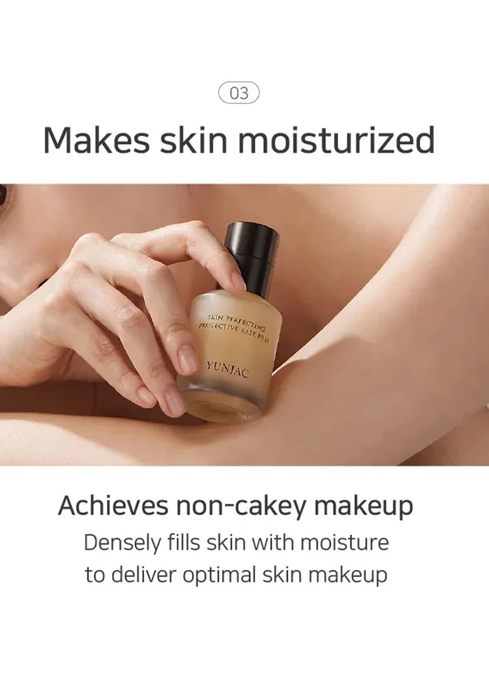 Hand holding a bottle of foundation with text about moisturizing skin and non-cakey makeup.