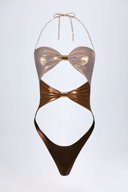 Panelled Cut-out Swimsuit in Bronze Gold