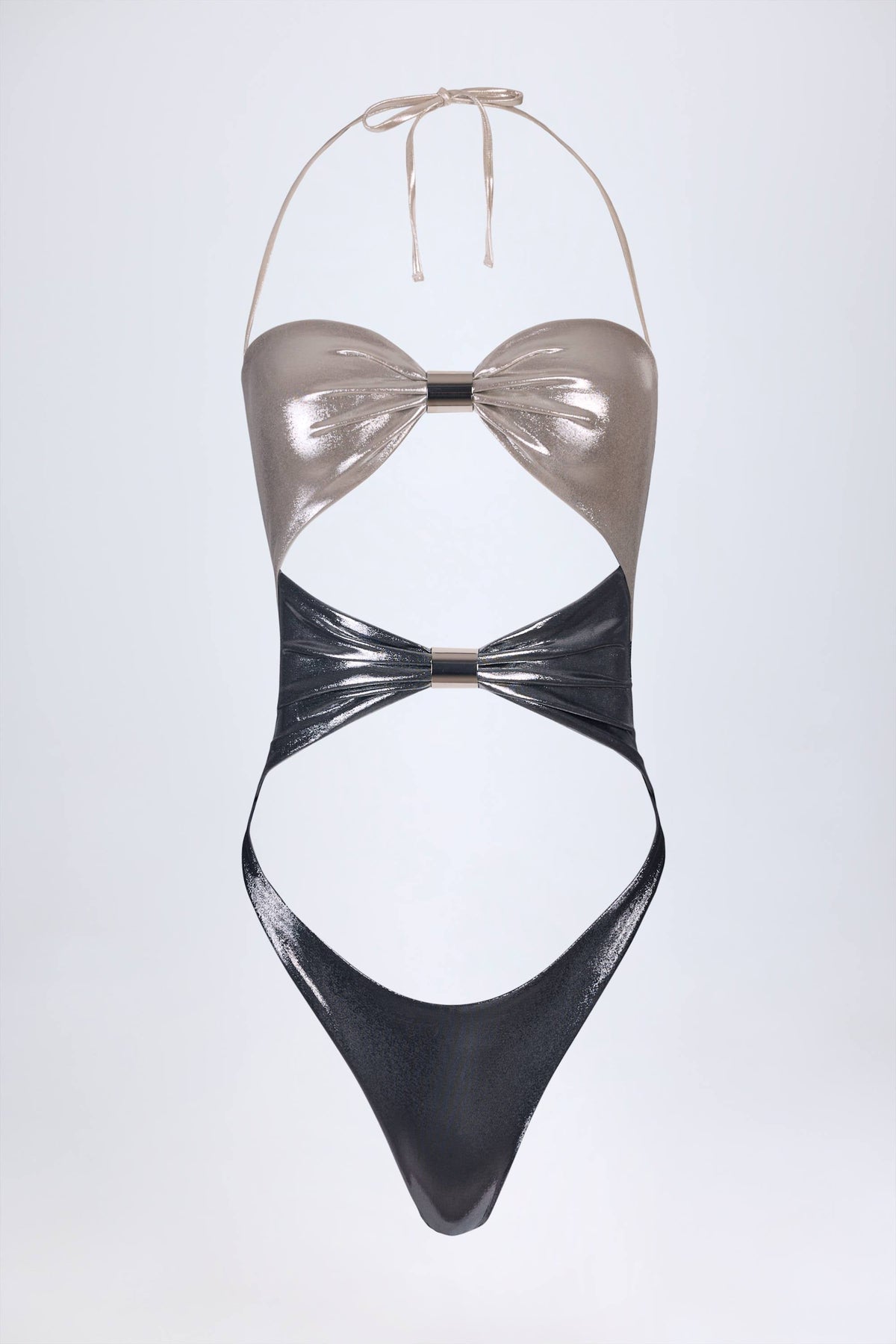 Panelled Cut-out Swimsuit in Silver Chrome