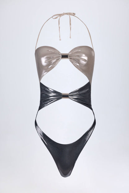Panelled Cut-out Swimsuit in Silver Chrome